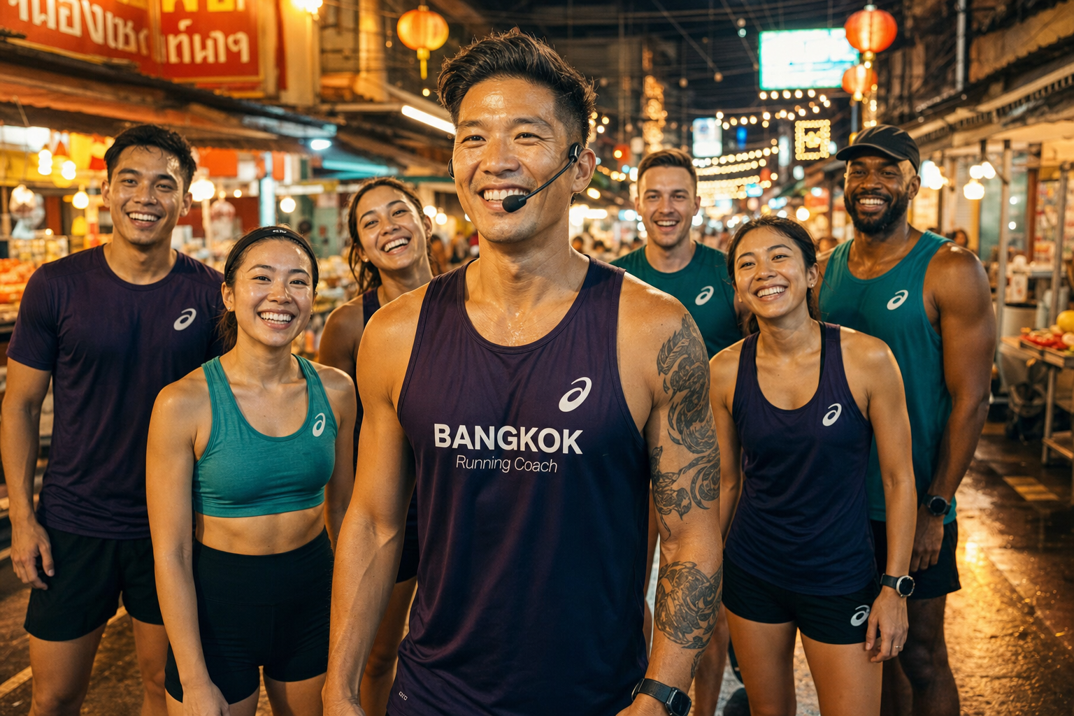 Night Owl Run Crew coach with headset microphone and six runners smiling in a Bangkok night market